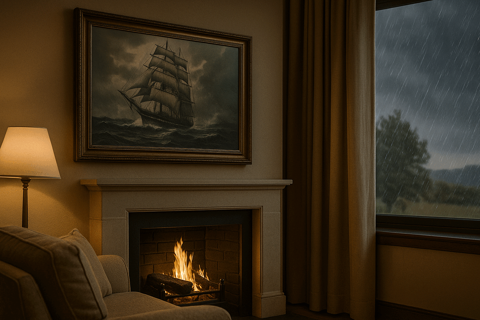 Fireplace and e-paper frame — weather-driven ambiance